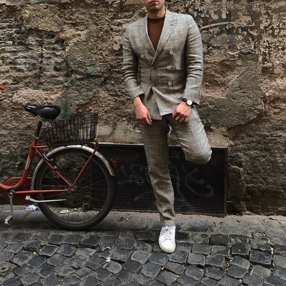 Massimo Dutti Brown Plaid Double-Breasted 100% Linen Suit